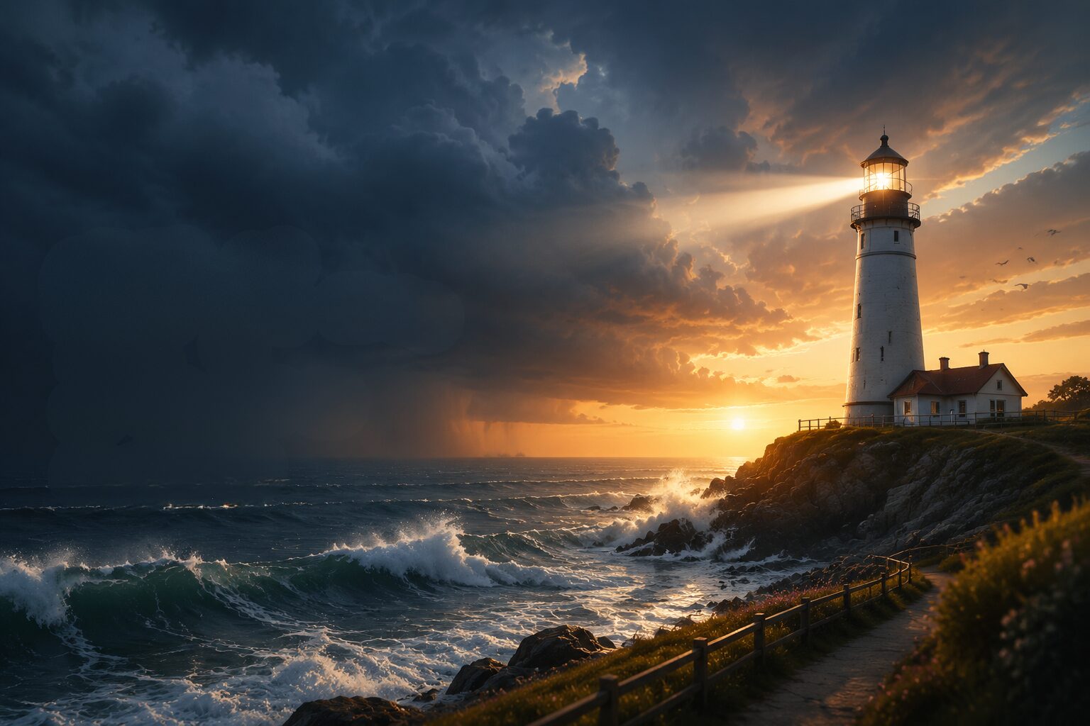 A lighthouse shining golden light over dark, storm-tossed seas at dusk