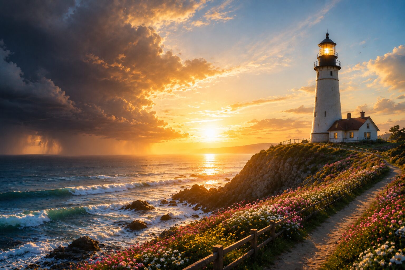 A lighthouse on a flower-lined cliff as the storm clears into a golden sunset