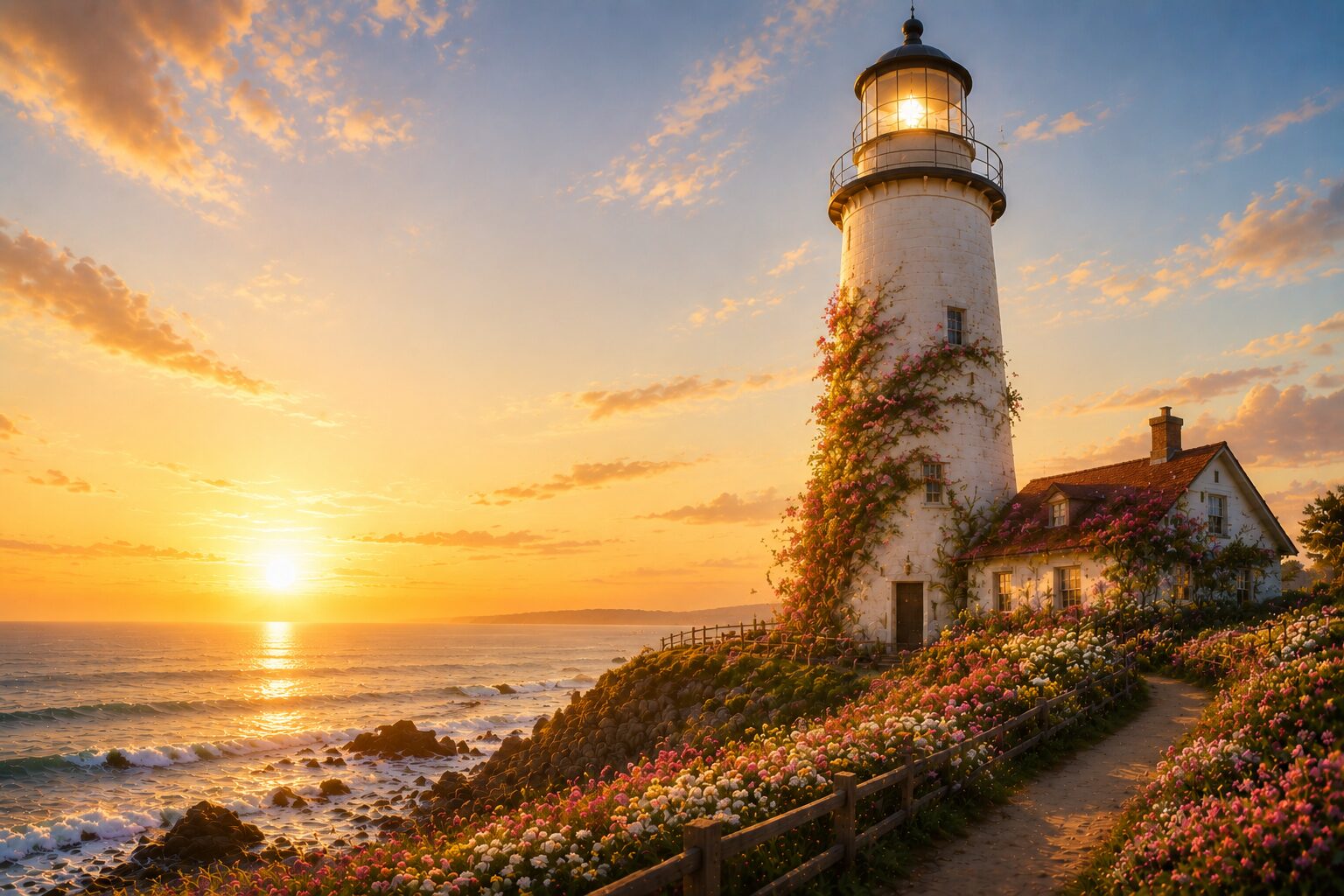 A warmly lit lighthouse wrapped in ivy above a blooming coastal path