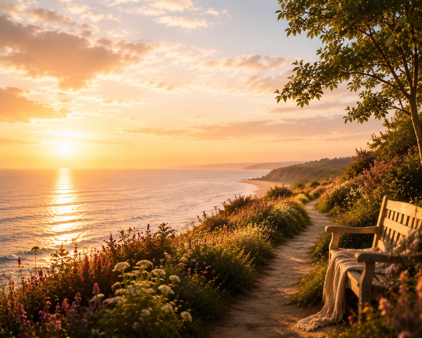 A quiet bench on a flowering coastal bluff overlooking the sea at sunset